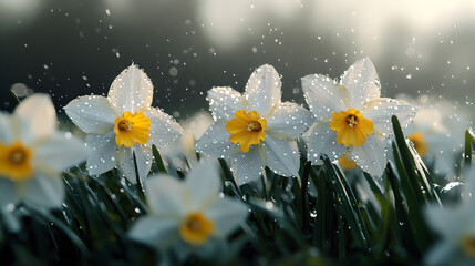 Daffodils glistening with morning dew in sunlight.