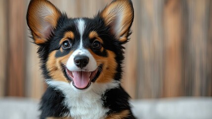 A cheerful corgi puppy with a bright expression against a wooden background.