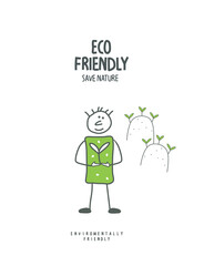 Activities for environmental protection. Vector cartoon sketch of human, who plant trees. Actions to protect nature.