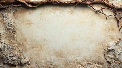 A textured background featuring rough stone and twigs, creating a rustic and natural frame for any content.