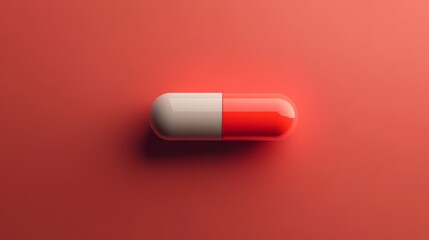 Single Red and White Capsule Pill on Red Background