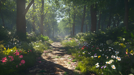 Serene forest path with colorful wildflowers.