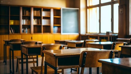 Classic Classroom Setting with Wooden Desks and Chairs
