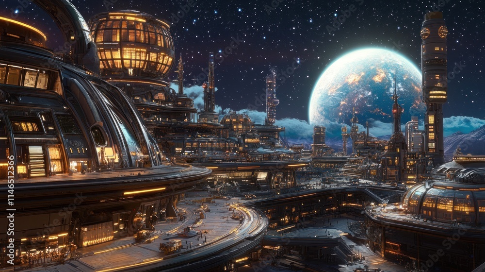 Aufkleber Futuristic cityscape on another planet with advanced architecture and a large celestial body.