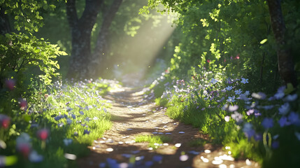 Sunlit forest path with wildflowers blooming