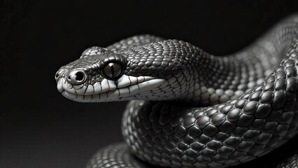 Fototapeta premium Close-up of glossy black viper with intricate scale pattern and intense gaze on dark background