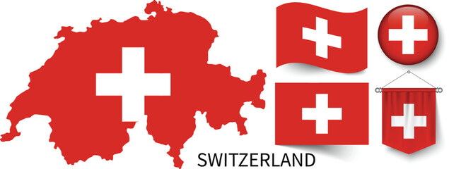 The different designs of Switzerland's national flags and the map showing Switzerland's borders