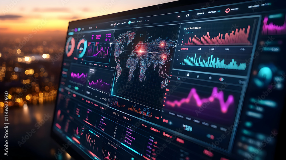 Poster a digital dashboard displaying global data analytics with graphs and maps.