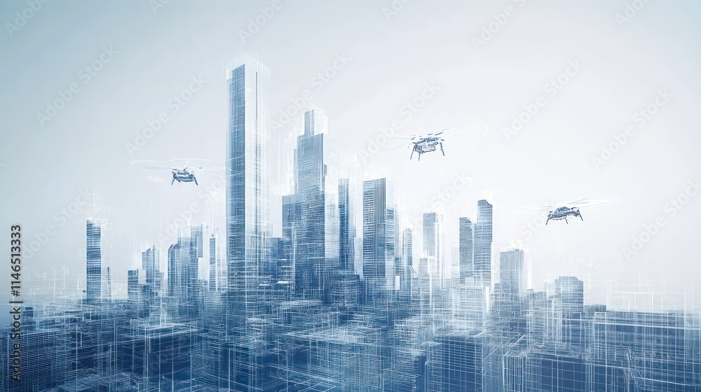 Aufkleber Futuristic cityscape with drones hovering over a digital blueprint of urban architecture.