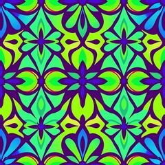 Vibrant Green and Purple Geometric Pattern: A captivating seamless pattern showcasing a dynamic interplay of green, purple, and blue hues.