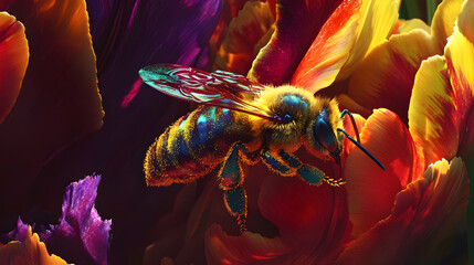 Vibrant bee on blooming petals,shot,alive