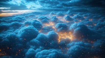 Fototapeta premium A serene view of clouds illuminated by soft, golden lights, creating a dreamy atmosphere.