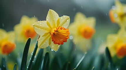 Vibrant daffodils with dew drops close-up.