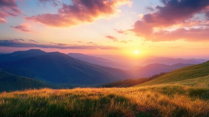 Obraz premium Panoramic Mountain Landscape with Orange Sunset