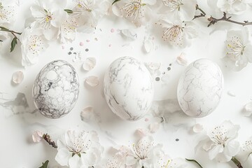Obraz premium beautiful light easter layout with marble eggs, cherry blossoms and confetti on a white background. top view. copy space. flat lay. place for text 