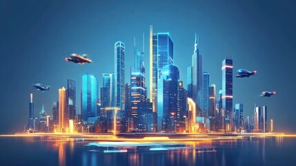 Fototapeta premium Futuristic cityscape with flying vehicles and illuminated skyscrapers.