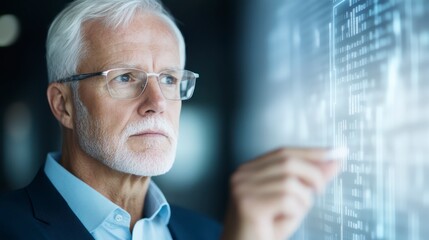 A thoughtful senior man interacting with a digital interface, showcasing advanced technology and data analysis.