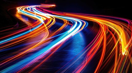 Abstract swirling neon light trails in a dark background