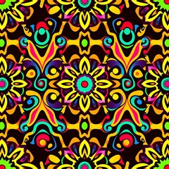 Vibrant Mandala Pattern: Seamless textile design, bold colors, ornate details, ethnic patterns, psychedelic art 