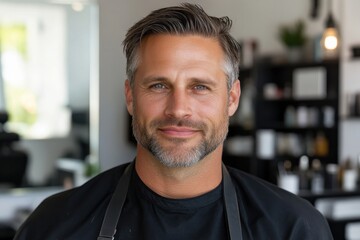 Obraz premium A confident male barber is posed in a stylish barbershop, showcasing his grooming skills and modern aesthetic in a welcoming environment.