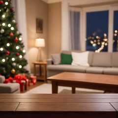 A wooden tabletop set against a blurred background of a cozy living room on Christmas night.