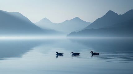 Three Ducks Swim Calmly On Misty Lake Before Mountains