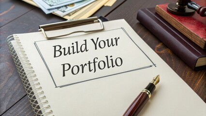 A notepad with "Build Your Portfolio" text, a pen, and money in the background.