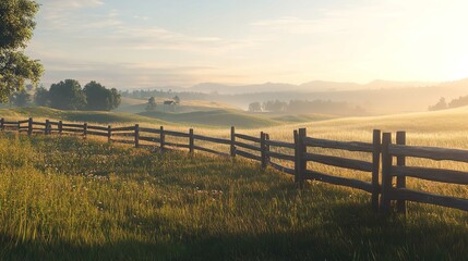 Picturesque Landscape Fenced Ranch at Sunrise 16K Resolution