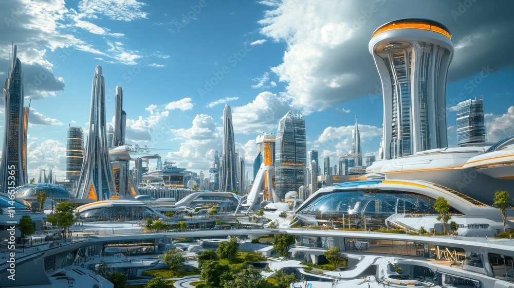 Poster futuristic cityscape with sleek architecture and greenery under a bright sky.