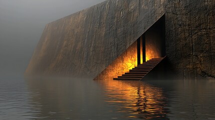 Fototapeta premium Mysterious Staircase to Illuminated Entrance in Foggy Waters