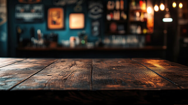 close up of empty wooden table with blurred tattoo parlor background