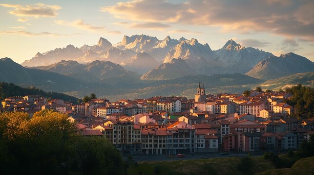 Riano Cityscape at Sunset with Mountain Range Landscape