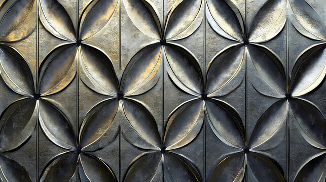 A metallic surface with a diamond pattern created by a repeated series of interlocking raised elliptical shapes. Ecliptical. Illustration
