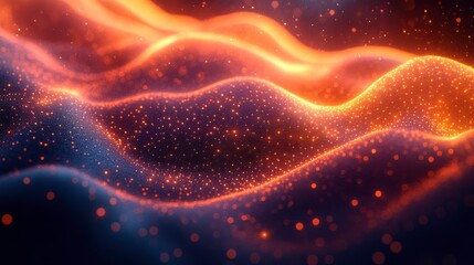 Abstract waves of light with shimmering particles in a dark background.