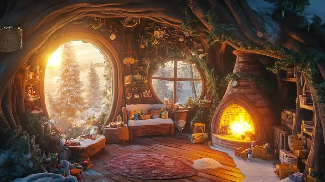 Animated Lo-fi loop background. Winter christmas cozy living room with fireplace window and snow. Magical and fantasy atmosphere. Generative AI