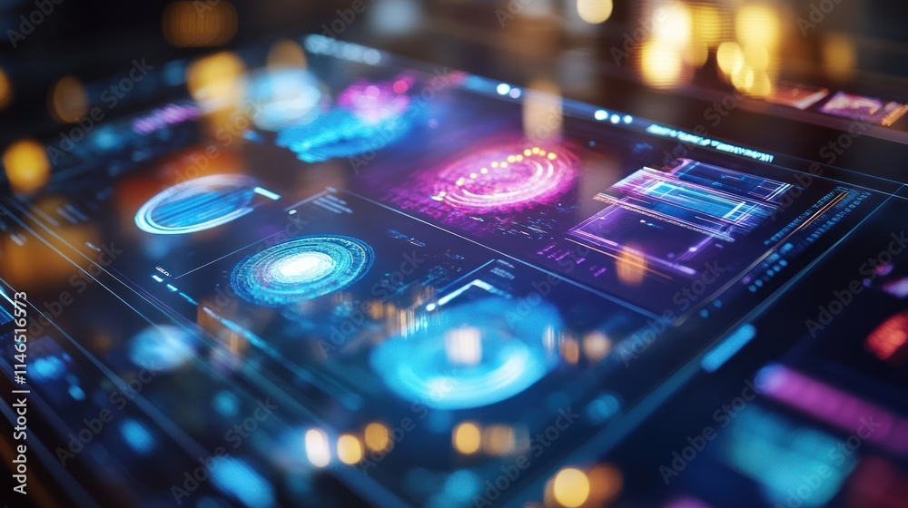 Poster futuristic digital interface displaying data visualizations and analytics.