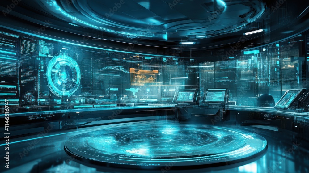 Poster futuristic control room with holographic displays and advanced technology.