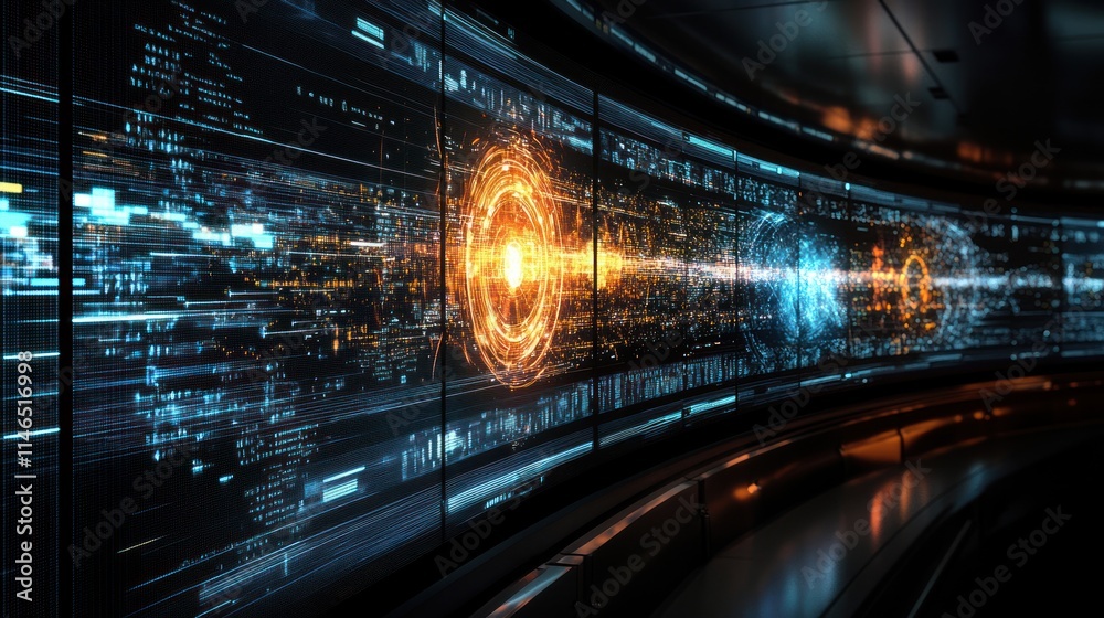 Poster futuristic digital interface with glowing data streams and energy patterns.