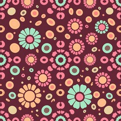 Floral Retro Pattern: A vibrant and cheerful retro-inspired seamless pattern featuring a playful mix of colorful flowers and circles on a rich burgundy background.