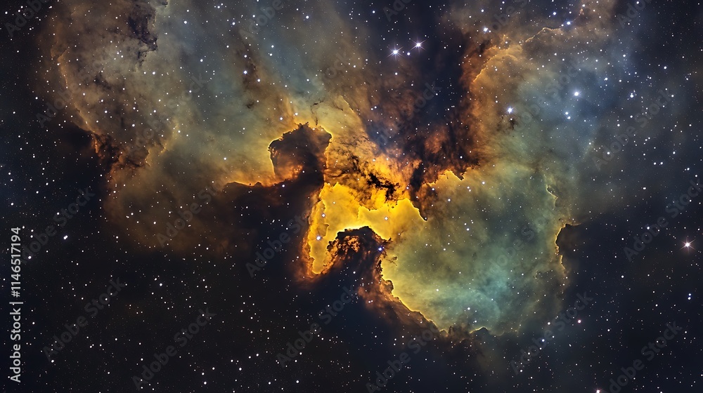 Wall mural glowing ethereal nebula clouds in radiant colors surrounded by star clusters floating in deep space
