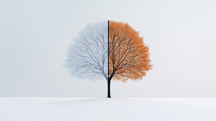 Half winter, half autumn tree on snowy ground.