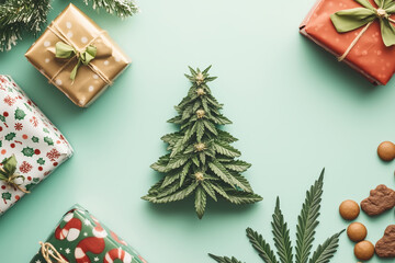 Flat lay of a cannabis-themed Christmas tree made of marijuana leaves, surrounded by festive wrapped gifts and cookies on a green background, is perfect for unique holiday concepts.