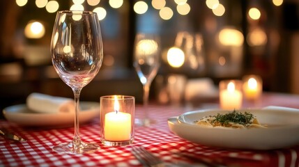romantic dinner date table setting with candles and wine
