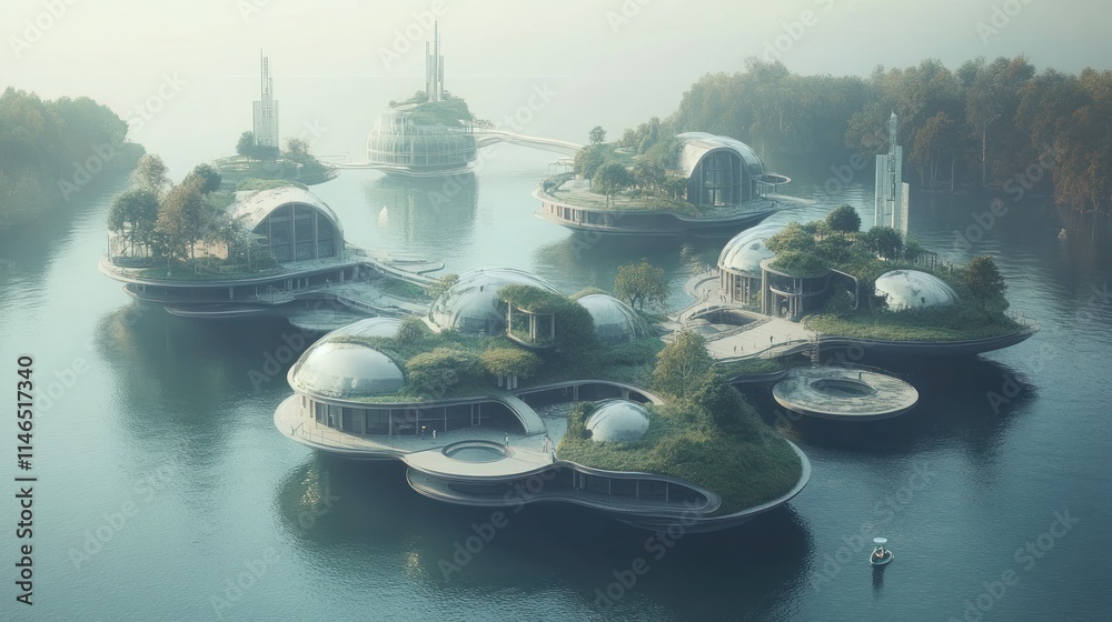 Poster futuristic floating islands with organic architecture surrounded by water and greenery.