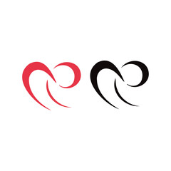 Love birds with red and black two hearts. Birds with love symbol with red and black two hearts on simple illustration.