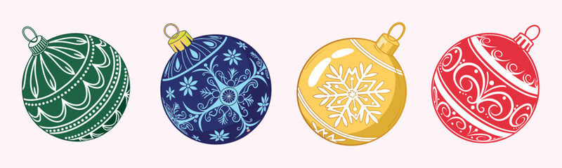 Christmas balls vector set design featuring ornaments with snowflake patterns, set against a white background, perfect for holiday season decoration. Vector illustration.