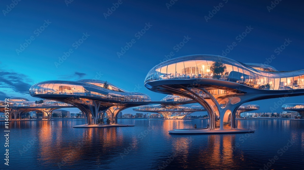 Aufkleber futuristic floating structures with glass designs illuminated at dusk over calm water.