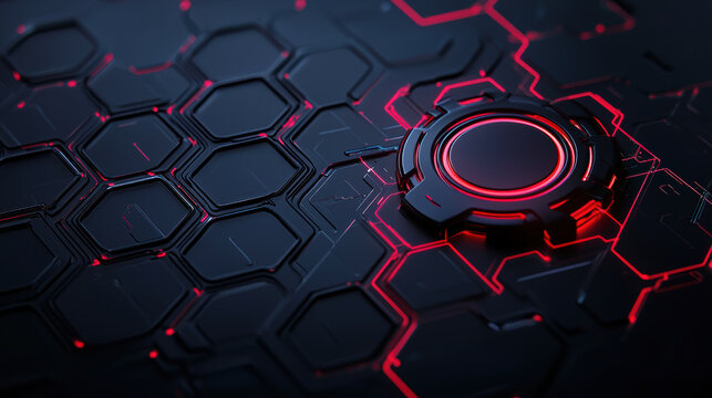 Futuristic dark honeycomb pattern with glowing red accents and circular element