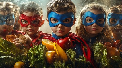 Four Superheroes with Masks and Fruits and Vegetables