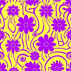 Yellow and Purple Floral Seamless Pattern: Abstract floral design with vibrant purple flowers and swirling lines on a sunny yellow background, perfect for textiles, wallpaper, and digital designs. 